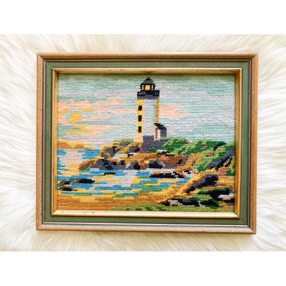 Vintage Framed Lighthouse Needlepoint 1976 Coastal Beach Cottage Wall Decor - Picture 4 of 11
